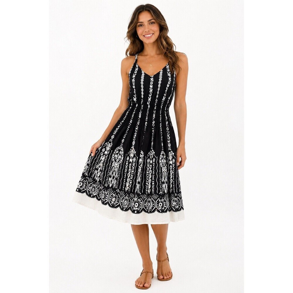 Cassee Black White Boho Sundress Small Cotton Tribal Print Beaded Midi Dress